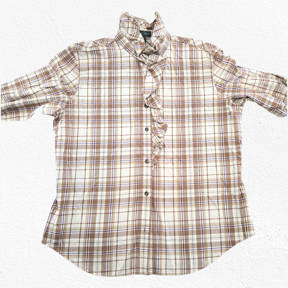 Y2K Lauren Jeans Co. Plaid Tan Ruffle Button Up 2000s Western Blouse Size XL - Picture 3 of 12